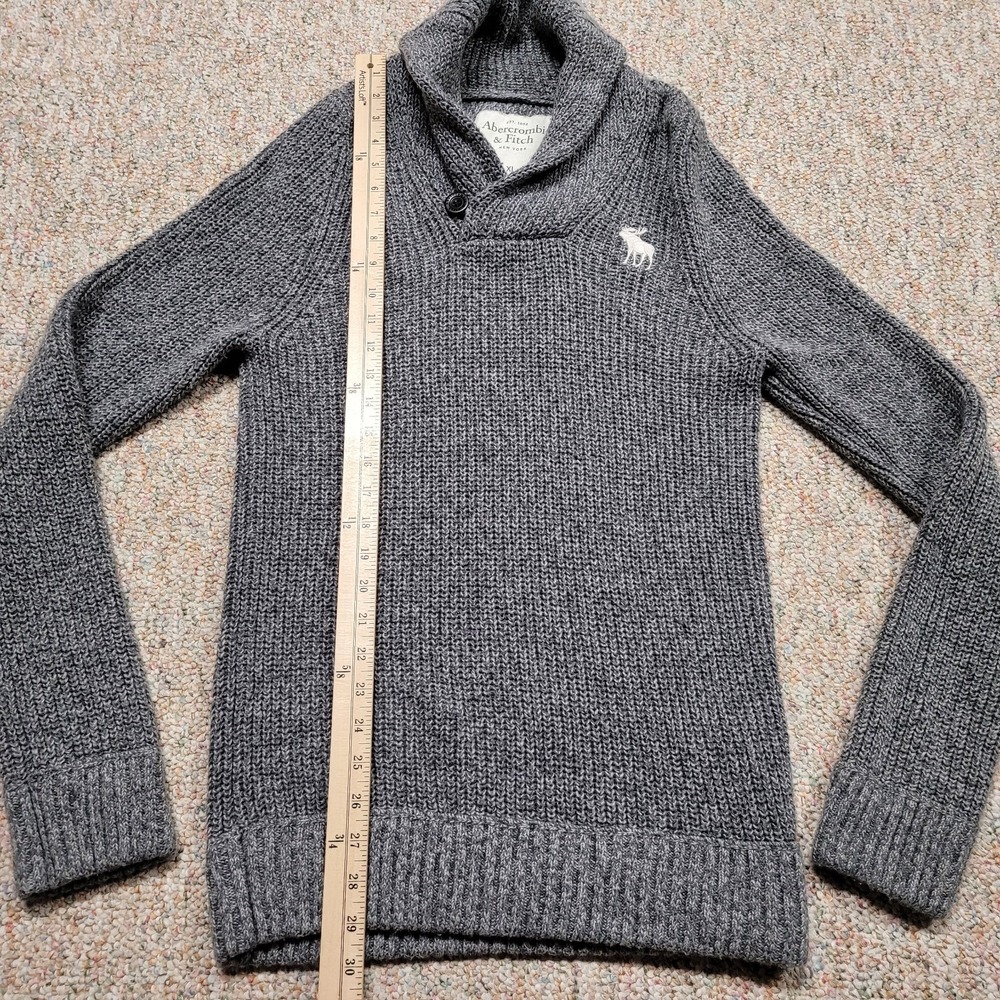 Abercrombie & Fitch Sweater Mens XL Gray Shawl Collar Fisherman Knit Moose Slim - Picture 8 of 15